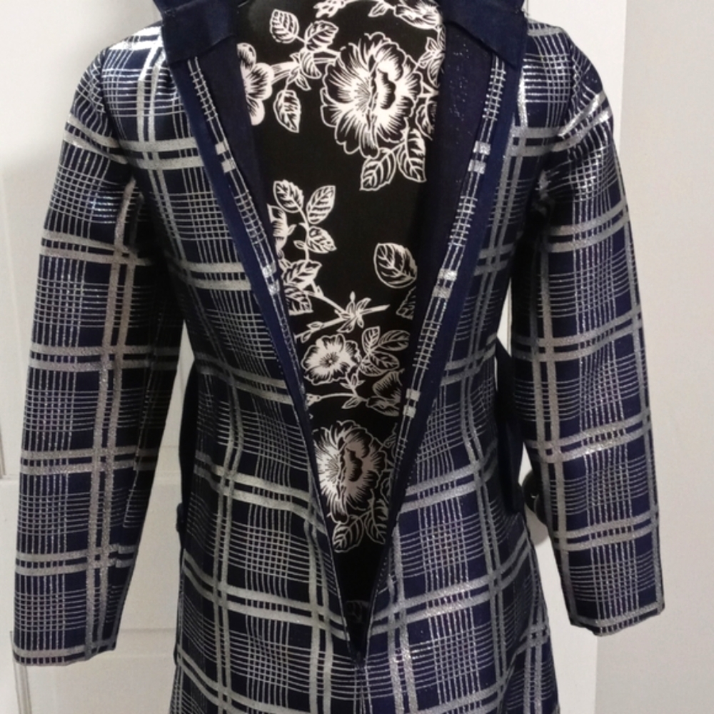 💙VTG 1960s Oscar de la Renta💙 - Navy Silk & Silver Metallic Plaid Mod Dress - Picture 13 of 16